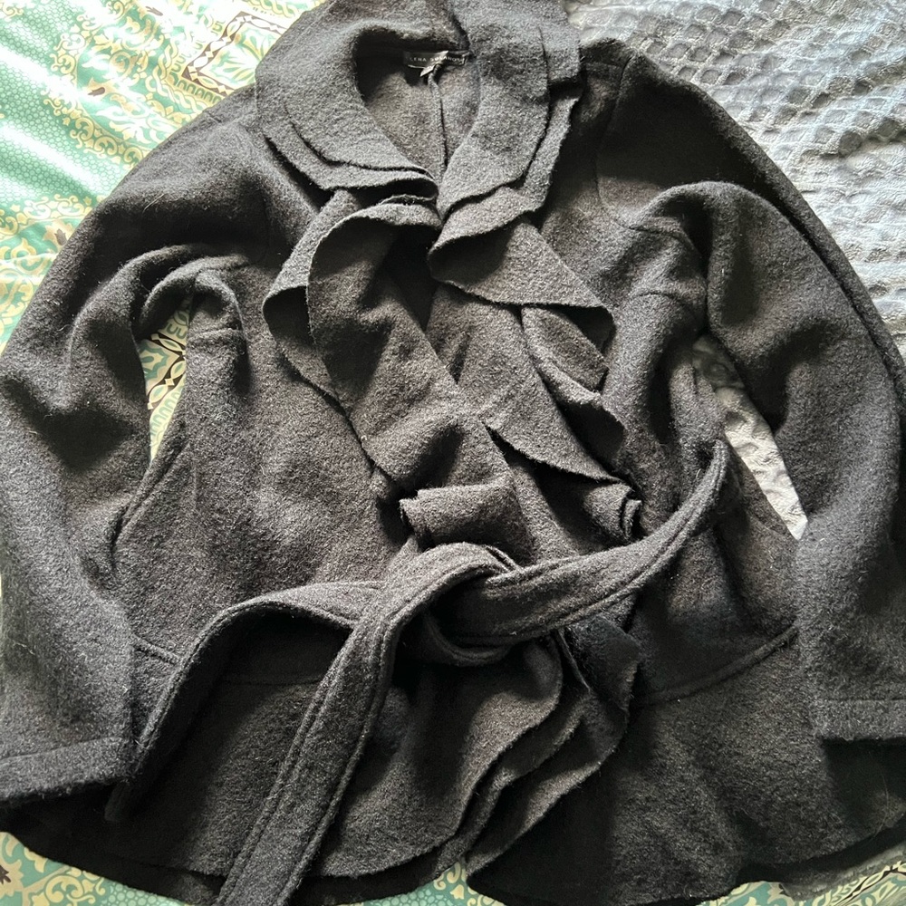 women’s   new 100% wool sweater/jacket, black, ruffle collar&front, tie closure.